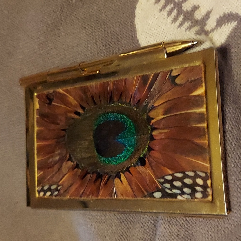 Occult / whimsical taxidermy accessory / office piece.Goldtone peacock case/ pen - Picture 3 of 3